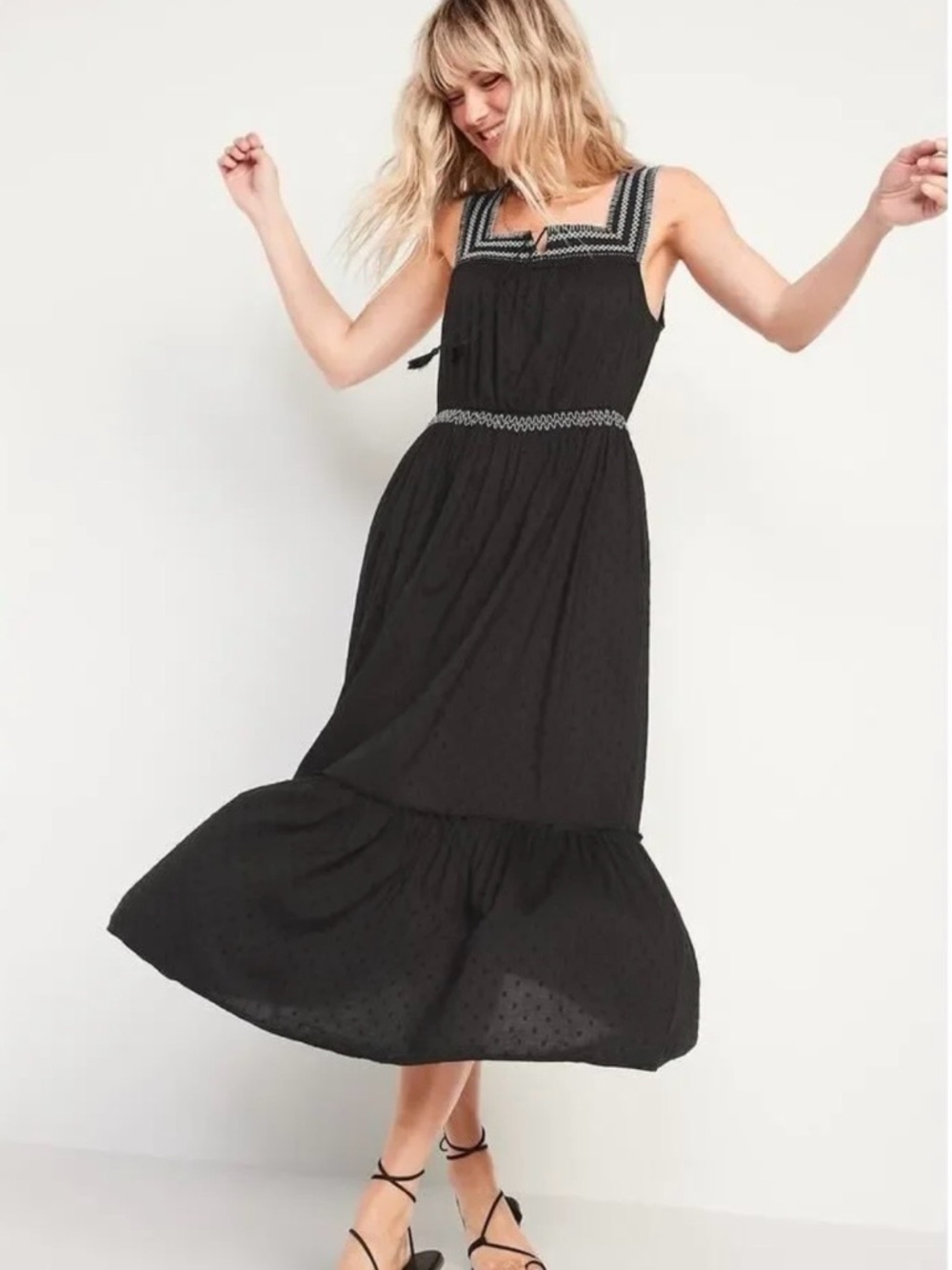 Old Navy Black Sleeveless Maxi Dress with Embroidered Square Yoke